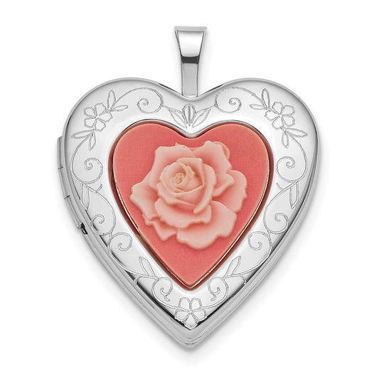 925 Sterling Silver 20mm Pink Resin Rose Cameo Heart Locket Engravable Charm Pendant Jewelry Gifts (Length 0.98" Width 0.76")