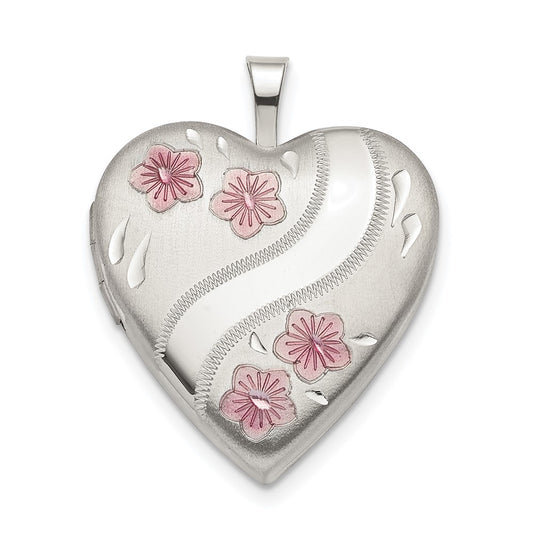 925 Sterling Silver 20mm Pink Enamel Flower Heart Locket Engravable Charm Pendant Jewelry Gifts (Length 0.98" Width 0.76")