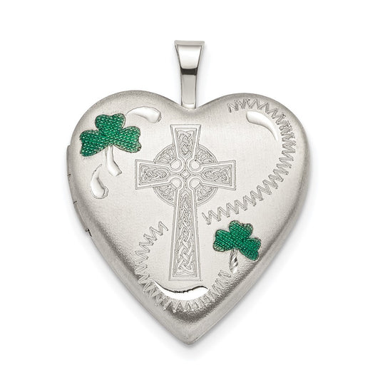 925 Sterling Silver 20mm Green Enamel Clover Crucifix Cross Heart Locket Engravable Charm Pendant Jewelry Gifts (Length 0.98" Width 0.76")