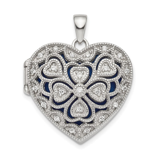 925 Sterling Silver Fancy CZ Heart Locket Engravable Charm Pendant Jewelry Gifts (Length 1.2" Width 0.95")