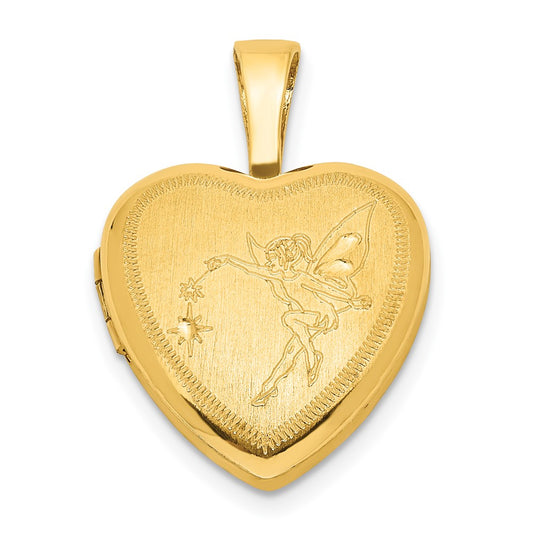 925 Sterling Silver Gold plated Satin Polished 12mm Fairy Heart Locket Engravable Charm Pendant Jewelry Gifts (Length 0.69" Width 0.48")