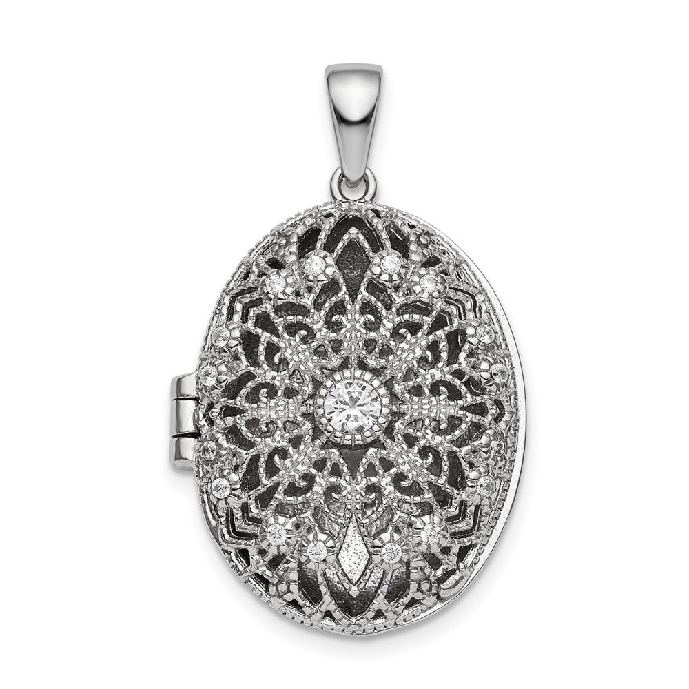 925 Sterling Silver CZ Filigree Top Polished Back Oval Locket Engravable Charm Pendant Jewelry Gifts (Length 1.21" Width 0.75")