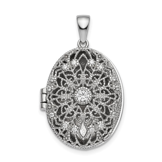 925 Sterling Silver CZ Filigree Top Polished Back Oval Locket Engravable Charm Pendant Jewelry Gifts (Length 1.21" Width 0.75")