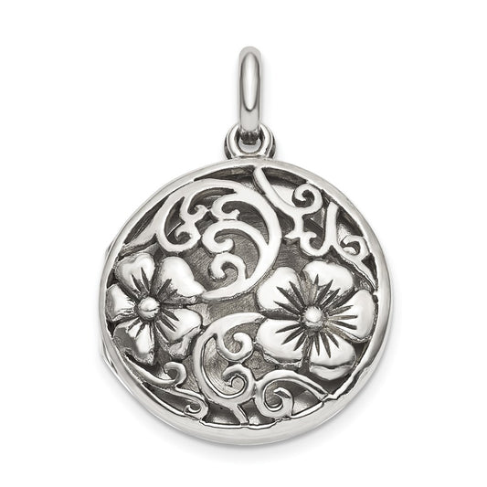 925 Sterling Silver Antiqued Filigree Floral Top 21mm Locket Engravable Charm Pendant Jewelry Gifts (Length 1.15" Width 0.82")
