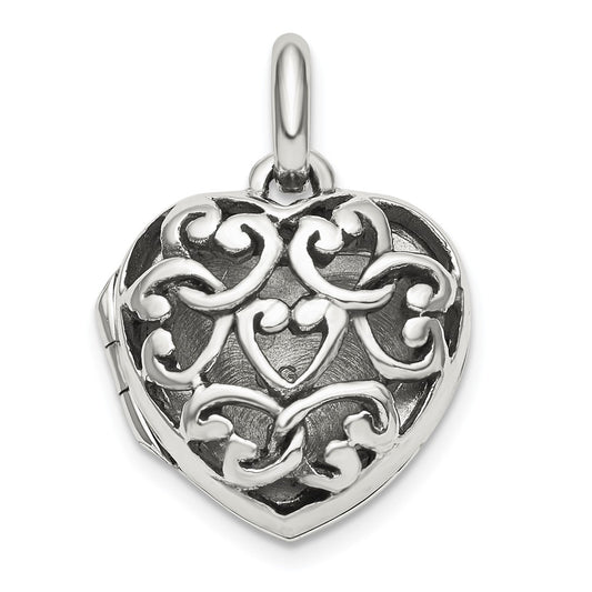 925 Sterling Silver Antiqued Filigree Top Polished Back 16mm Heart Locket Engravable Charm Pendant Jewelry Gifts (Length 0.89" Width 0.62")