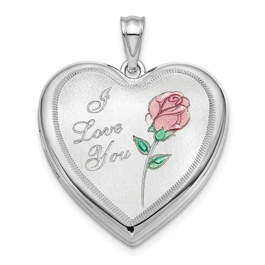 925 Sterling Silver 24mm Enameled Rose Ash Holder Heart Locket Engravable Charm Pendant Jewelry Gifts (Length 1.18" Width 0.93")