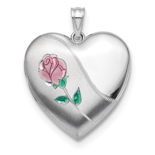 925 Sterling Silver Satin Enamel Rose Ash Holder Heart Locket Engravable Charm Pendant Jewelry Gifts (Length 1.18" Width 0.93")