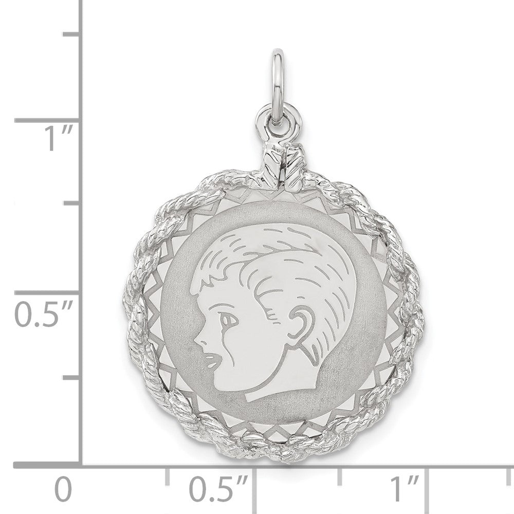925 Sterling Silver Polished Front Satin Back Boy Disc Engravable Charm Pendant Jewelry Gifts (Length 1.15" Width 0.84")