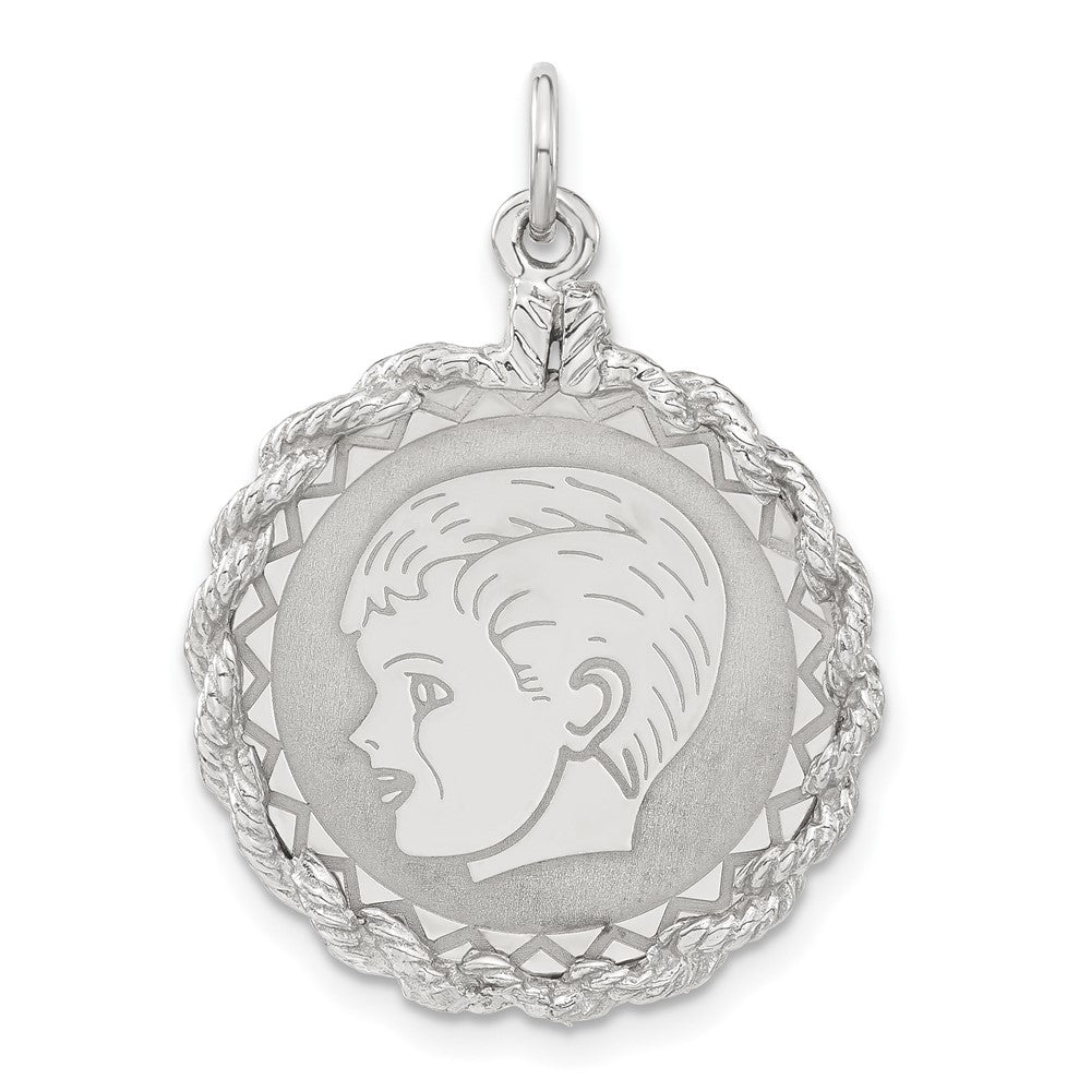925 Sterling Silver Polished Front Satin Back Boy Disc Engravable Charm Pendant Jewelry Gifts (Length 1.15" Width 0.84")