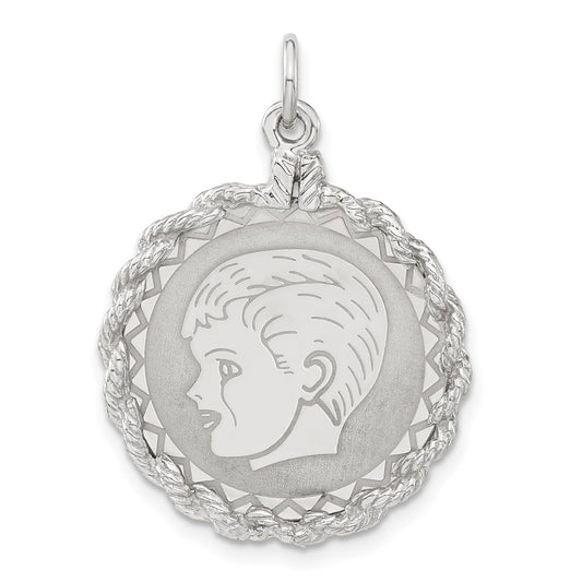 925 Sterling Silver Polished Front Satin Back Boy Disc Engravable Charm Pendant Jewelry Gifts (Length 1.15" Width 0.84")