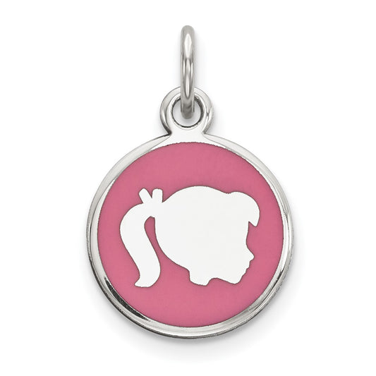 925 Sterling Silver Pink Enamel Right Facing Girl Head Disc Engravable Charm Pendant Jewelry Gifts (Length 0.78" Width 0.47")