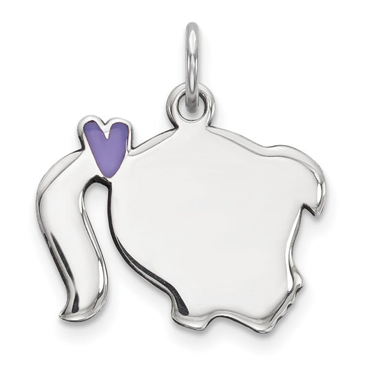 925 Sterling Silver Purple Enamel Right Facing Girl Head Disc Engravable Charm Pendant Jewelry Gifts (Length 0.78" Width 0.66")