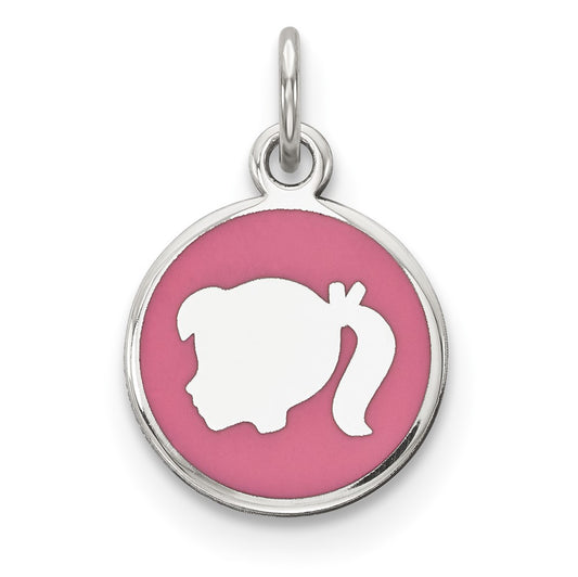 925 Sterling Silver Pink Enamel Left Facing Girl Head Disc Engravable Charm Pendant Jewelry Gifts (Length 0.78" Width 0.47")