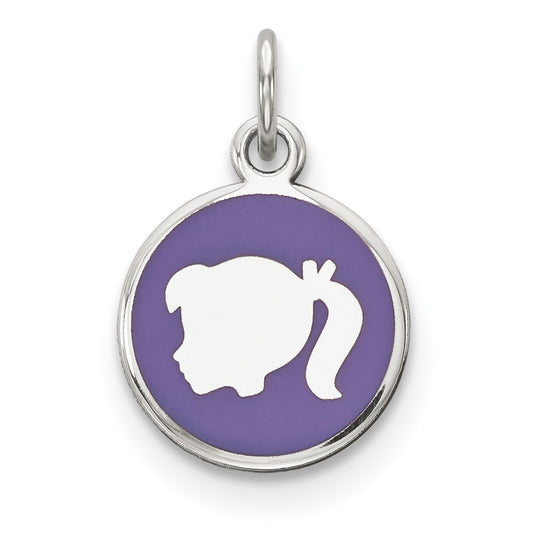 925 Sterling Silver Purple Enamel Left Facing Girl Head Disc Engravable Charm Pendant Jewelry Gifts (Length 0.78" Width 0.47")