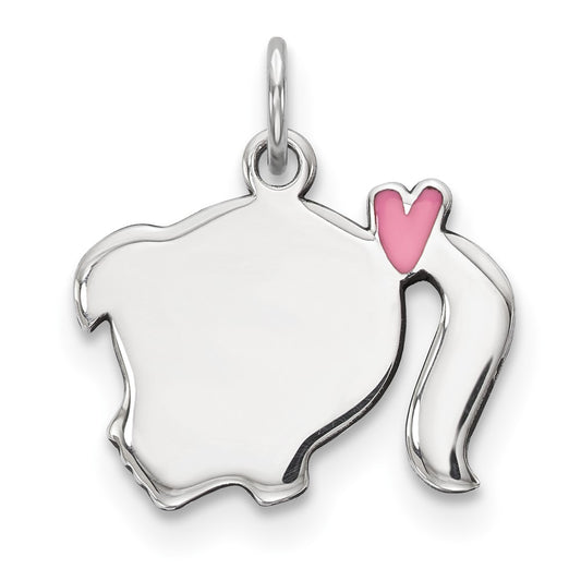 925 Sterling Silver Pink Enamel Left Facing Girl Head Disc Engravable Charm Pendant Jewelry Gifts (Length 0.78" Width 0.66")