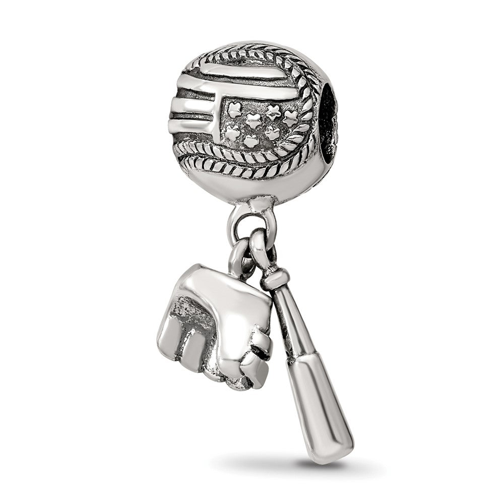 925 Sterling Silver Reflections Baseball Glove Bat Dangle BeadEngravable Charm Pendant Jewelry Gifts (Length 0.74" Width 0.35")