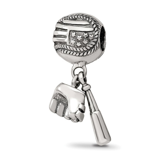925 Sterling Silver Reflections Baseball Glove Bat Dangle BeadEngravable Charm Pendant Jewelry Gifts (Length 0.74" Width 0.35")