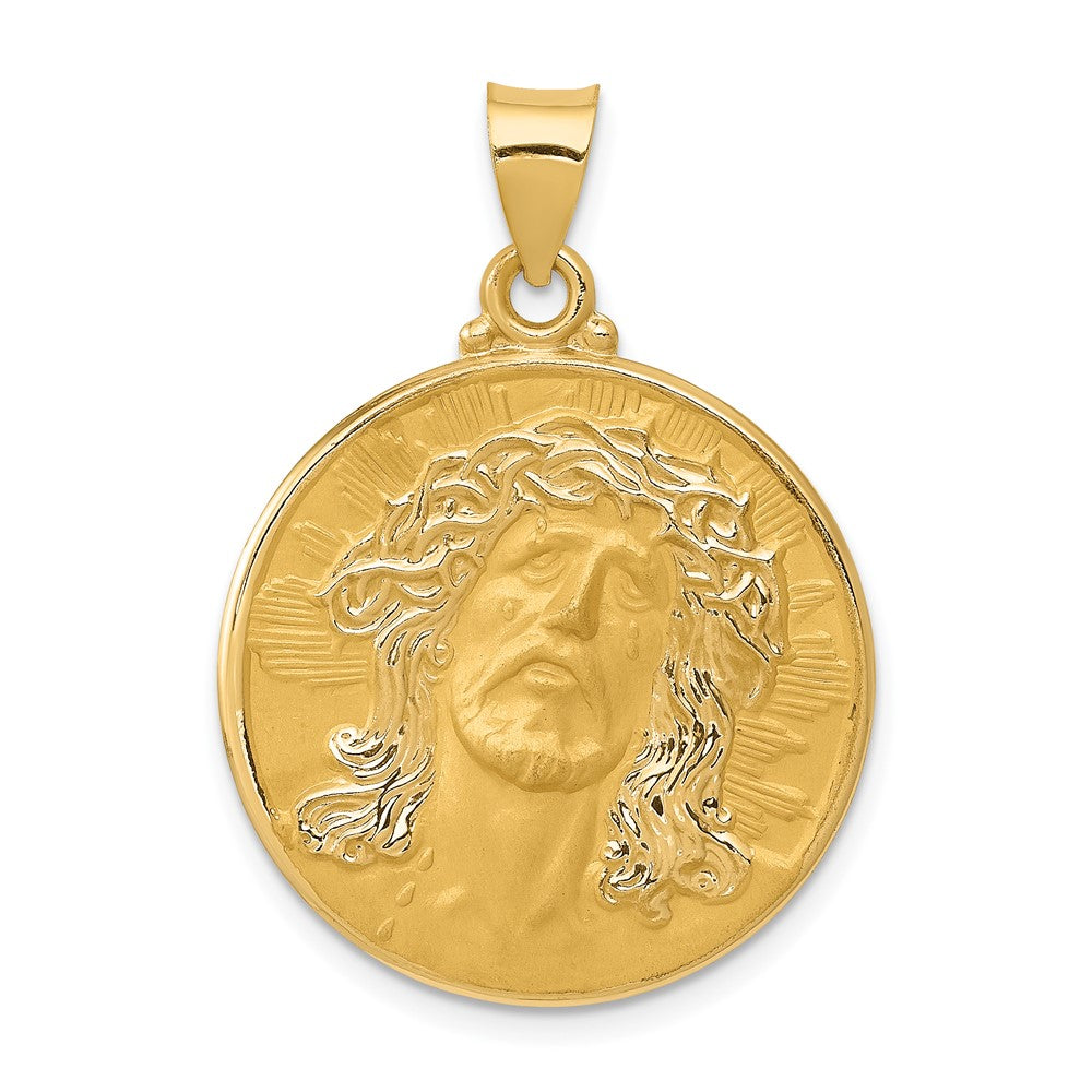 14k Yellow Gold Head of Christ Medal Hollow Round Engravable Charm Pendant Jewelry Gifts (Length 1.33" Width 0.94")