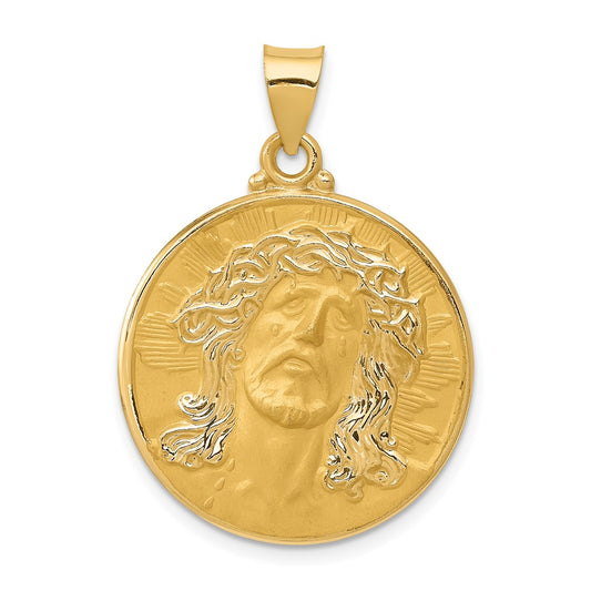 14k Yellow Gold Head of Christ Medal Hollow Round Engravable Charm Pendant Jewelry Gifts (Length 1.33" Width 0.94")