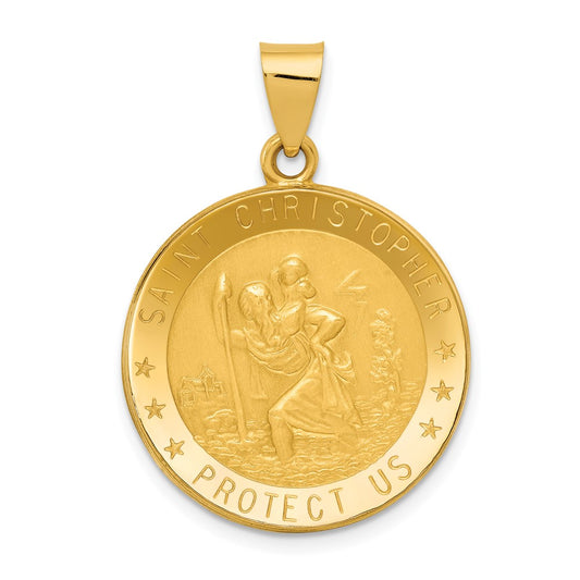 14k Yellow Gold Saint Christopher Medal Hollow Engravable Charm Pendant Jewelry Gifts (Length 1.25" Width 0.89")