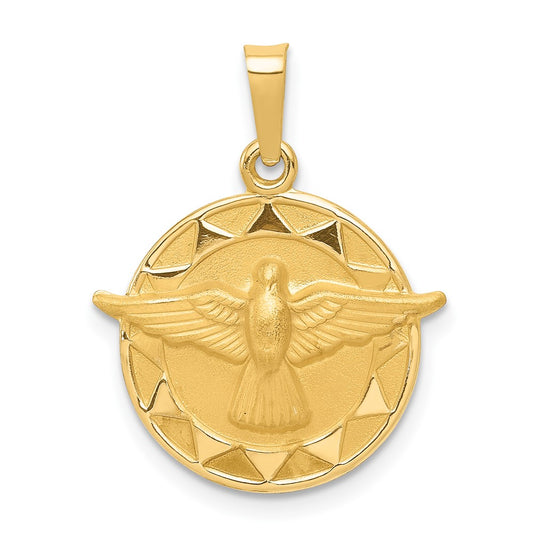 14k Yellow Gold Holy Spirit Medal Hollow Round Engravable Charm Pendant Jewelry Gifts (Length 0.94" Width 0.7")