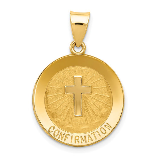14k Yellow Gold Confirmation Medal Hollow Round Engravable Charm Pendant Jewelry Gifts (Length 1.05" Width 0.74")