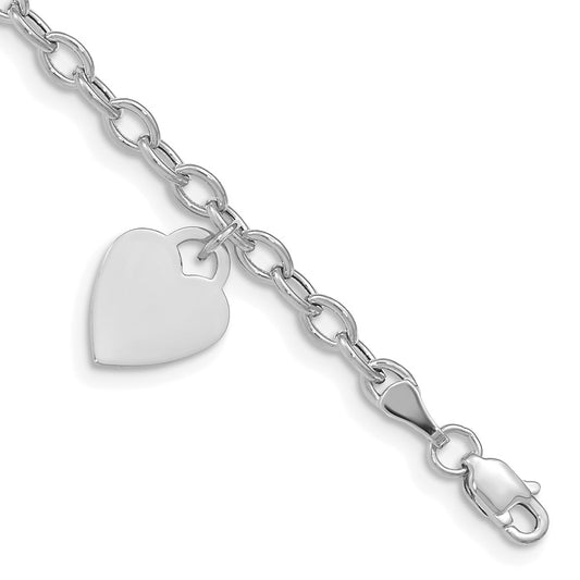 Polished Engravable 14K White Gold Dangle Heart Bracelet Length 7.5 inches Width 10.5 mm With Lobster Claw Clasp
