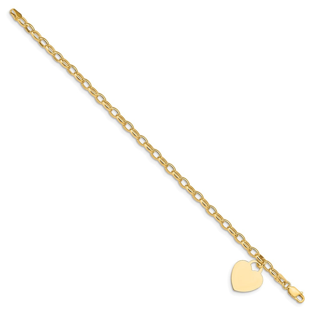 Polished Engravable 14K Yellow Gold Heart Charm Bracelet Length 7.5 inches Width 15 mm With Lobster Claw Clasp