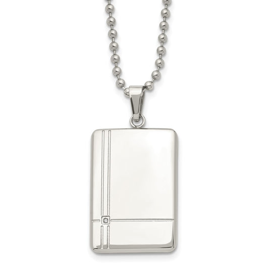 Stainless Steel Polished with CZ Dog Tag on a 22 inch Ball Chain Necklace Engravable Charm Pendant Jewelry Gifts (Length 22" Width 0.85")