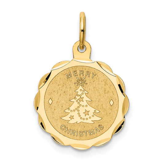 14k Yellow Gold Merry Christmas Disc Engravable Charm Pendant Jewelry Gifts (Length 0.82" Width 0.59")