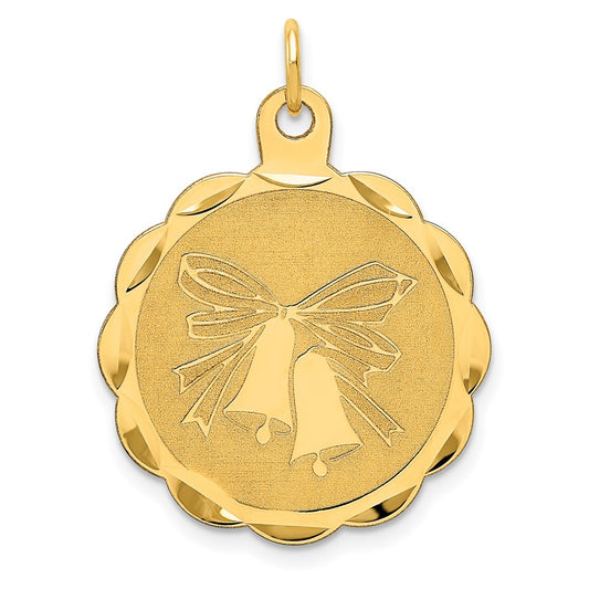 14k Yellow Gold Wedding Bells Disc Engravable Charm Pendant Jewelry Gifts (Length 1.09" Width 0.9")