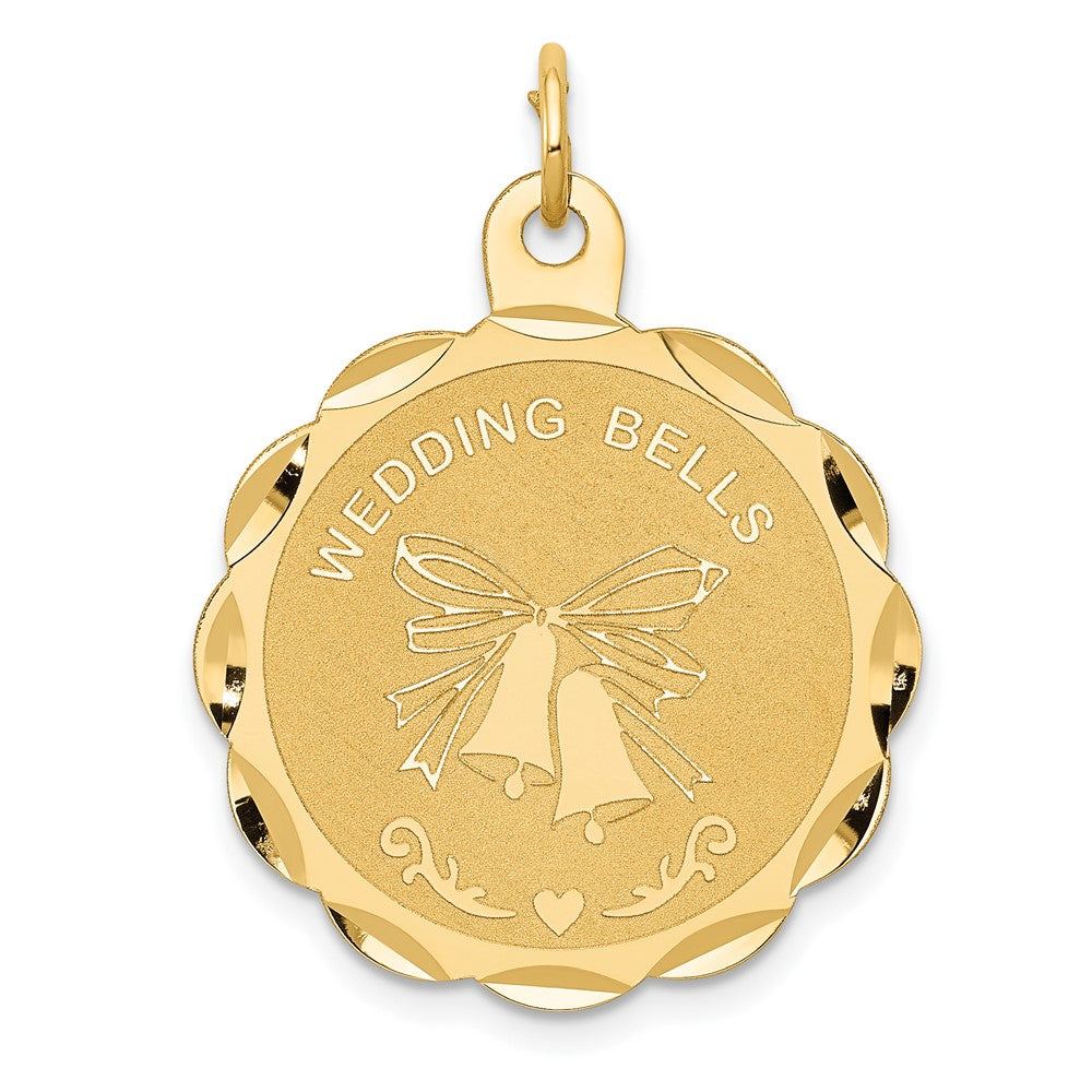 14k Yellow Gold WEDDING BELLS Disc Engravable Charm Pendant Jewelry Gifts (Length 1.13" Width 0.9")
