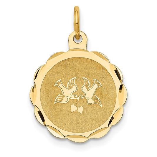 14k Yellow Gold Love Birds Disc Engravable Charm Pendant Jewelry Gifts (Length 0.86" Width 0.62")