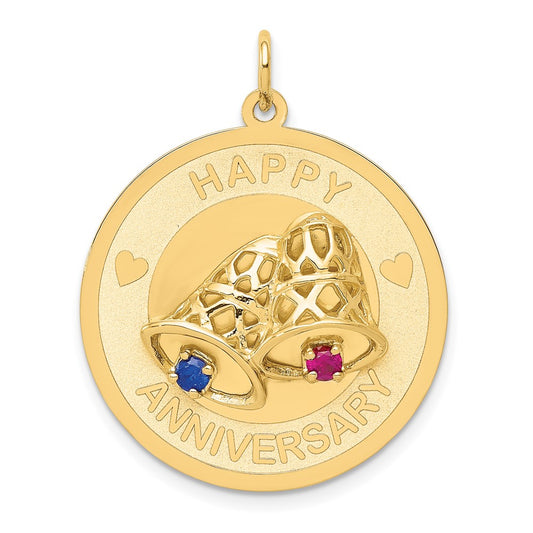 14k Yellow Gold HAPPY ANNIVERSARY Blue and Red CZ with BellsEngravable Charm Pendant Jewelry Gifts (Length 1.33" Width 0.98")