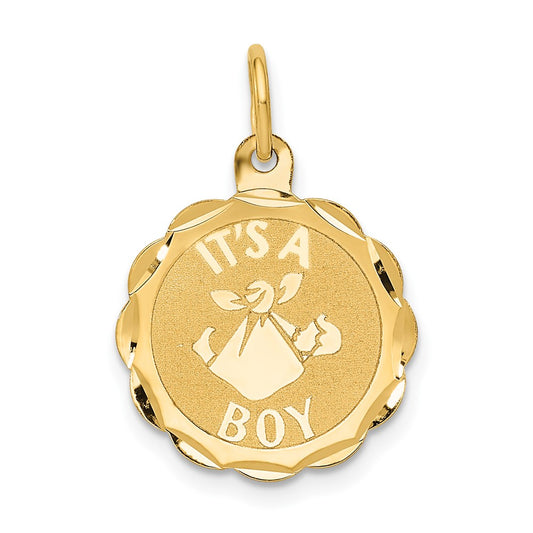 14k Yellow Gold Polished IT'S A BOY Scalloped Disc Engravable Charm Pendant Jewelry Gifts (Length 0.86" Width 0.62")