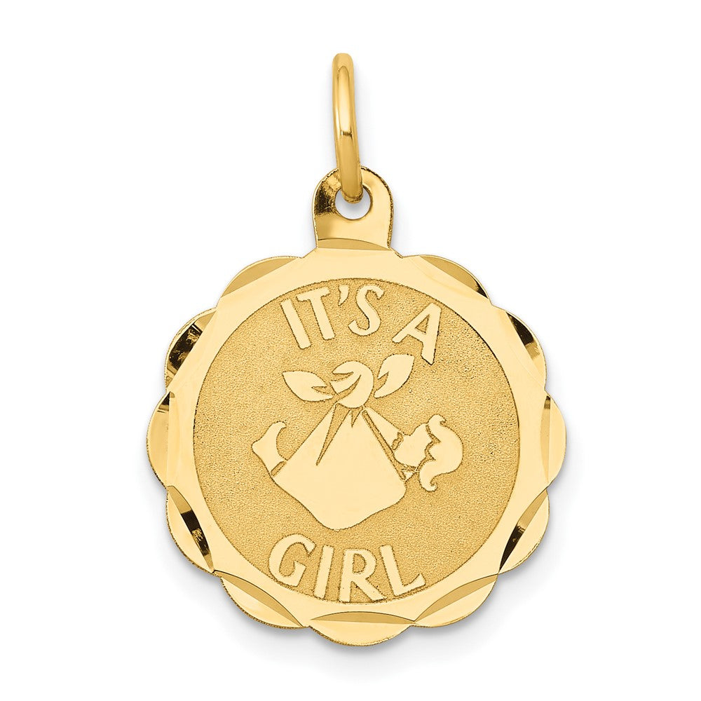 14k Yellow Gold Polished IT'S A GIRL Scalloped Disc Engravable Charm Pendant Jewelry Gifts (Length 0.86" Width 0.62")