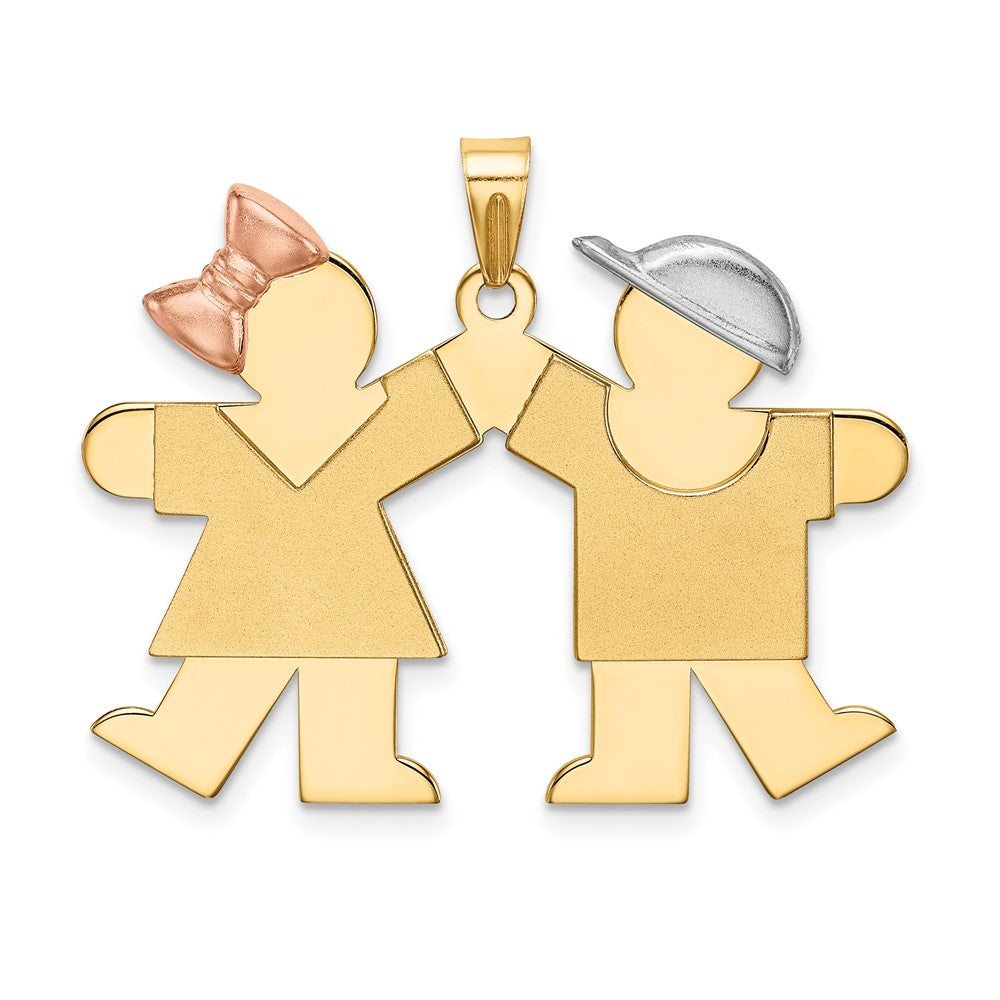14k Yellow White and Rose Tri Gold Large Girl on Left and Boy on Right Engravable Charm Pendant Jewelry Gifts (Length 1.21" Width 1.29")