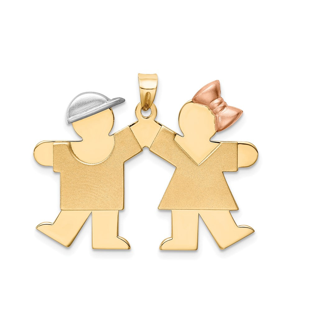 14k Yellow White and Rose Tri Gold Large Boy on Left and Girl on Right Engravable Charm Pendant Jewelry Gifts (Length 1.21" Width 1.29")