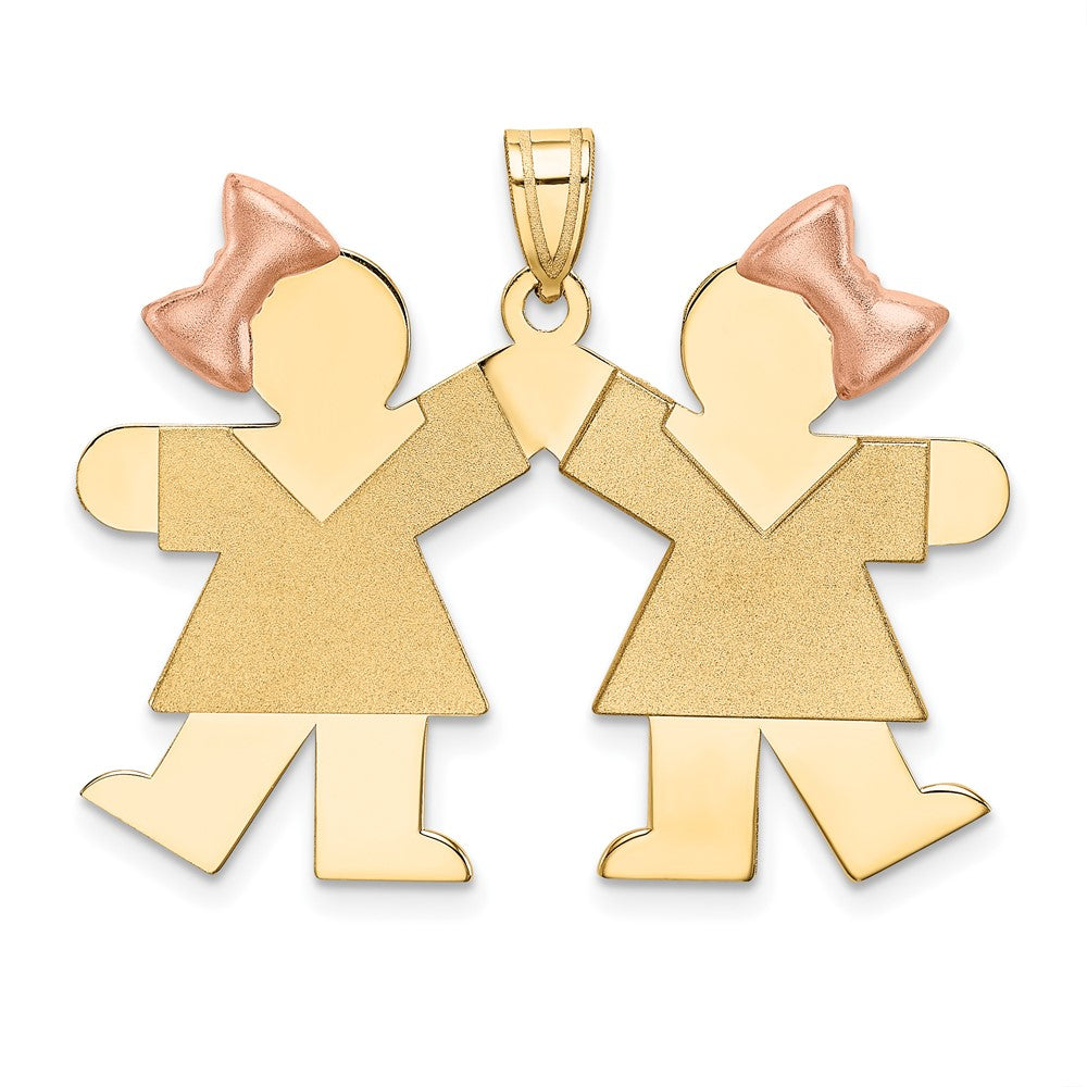 14K Two Tone Yellow and Rose Gold Double Girl Kids Pink Bow Engravable Charm Pendant Jewelry Gifts (Length 1.21" Width 1.29")