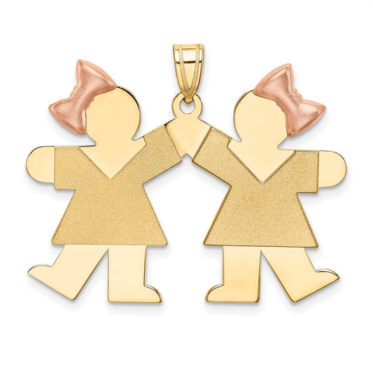 14K Two Tone Yellow and Rose Gold Double Girl Kids Pink Bow Engravable Charm Pendant Jewelry Gifts (Length 1.21" Width 1.29")