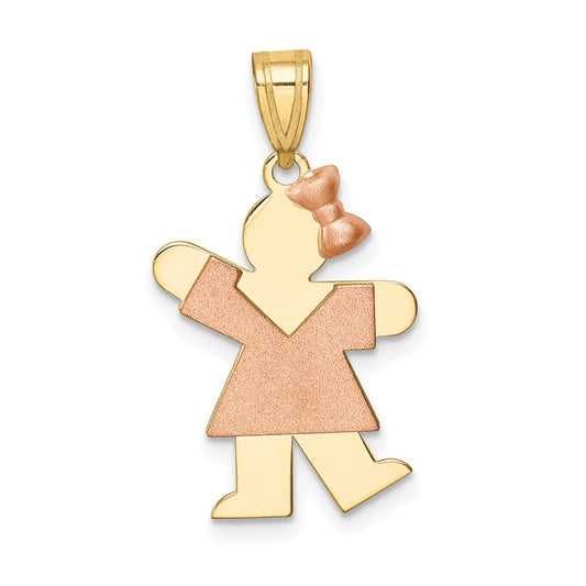 14K Two Tone Yellow and Rose Gold Small Girl with Bow on Right Engravable Charm Pendant Jewelry Gifts (Length 0.98" Width 0.59")