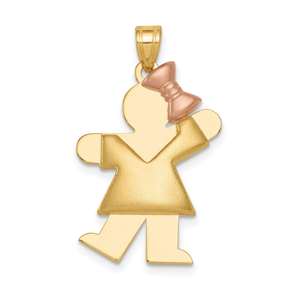 14K Two Tone Yellow and Rose Gold Puffed Girl with Bow on Right Engravable Charm Pendant Jewelry Gifts (Length 1.17" Width 0.7")