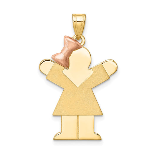14K Two Tone Yellow and Rose Gold Large Girl with Bow on Left Engravable Charm Pendant Jewelry Gifts (Length 1.17" Width 0.78")