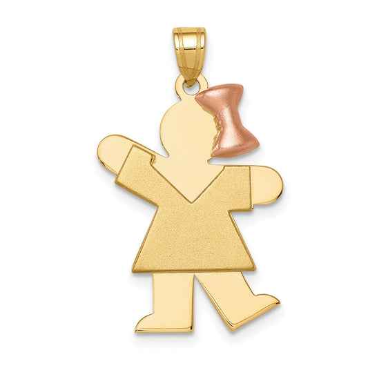 14K Two Tone Yellow and Rose Gold Large Girl with Bow on Right Engravable Charm Pendant Jewelry Gifts (Length 1.17" Width 0.78")