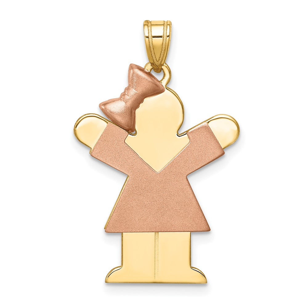 14K Two Tone Yellow and Rose Gold Large Girl with Bow on Left Engravable Charm Pendant Jewelry Gifts (Length 1.17" Width 0.78")