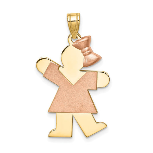 14K Two Tone Yellow and Rose Gold Large Girl with Bow on Right Engravable Charm Pendant Jewelry Gifts (Length 1.17" Width 0.7")