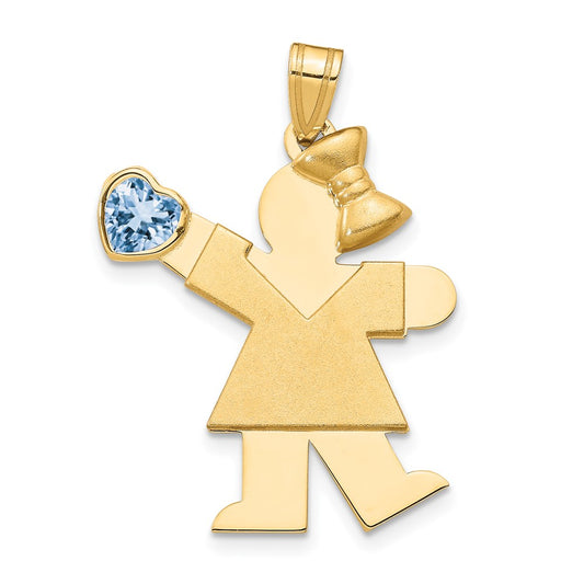 14k Yellow Gold Girl with CZ March Birthstone Engravable Charm Pendant Jewelry Gifts (Length 1.17" Width 0.82")