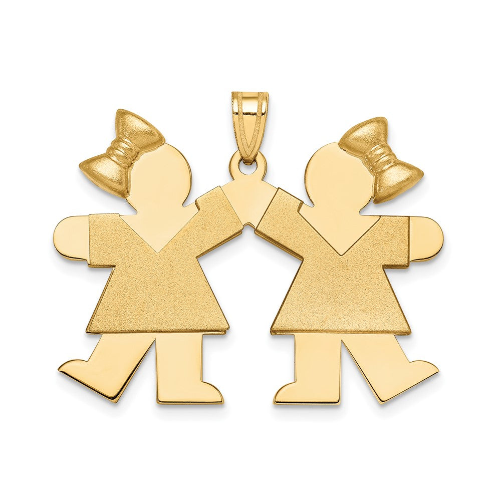 14k Yellow Gold Large Double Girls with Bows Engravable Charm Pendant Jewelry Gifts (Length 1.01" Width 1.29")