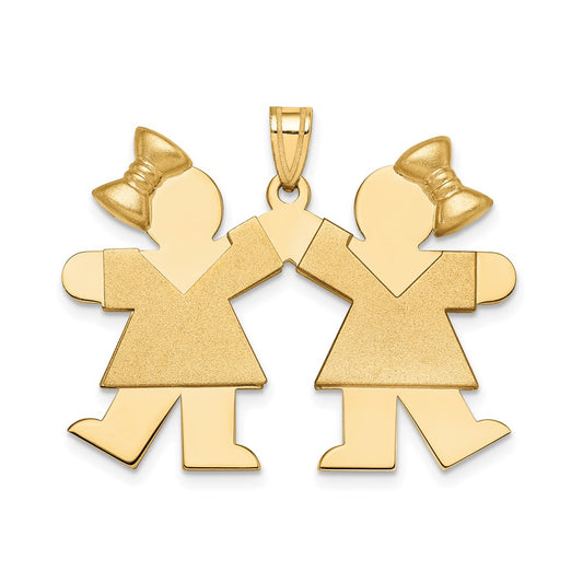 14k Yellow Gold Large Double Girls with Bows Engravable Charm Pendant Jewelry Gifts (Length 1.01" Width 1.29")