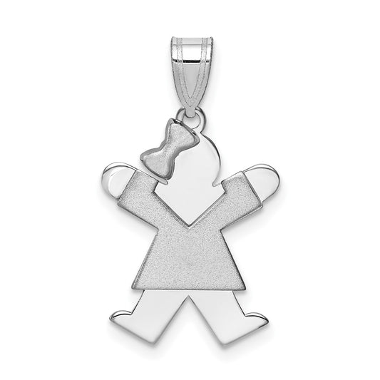 14k White Gold Small Girl with Bow on Left Engravable Charm Pendant Jewelry Gifts (Length 0.98" Width 0.59")